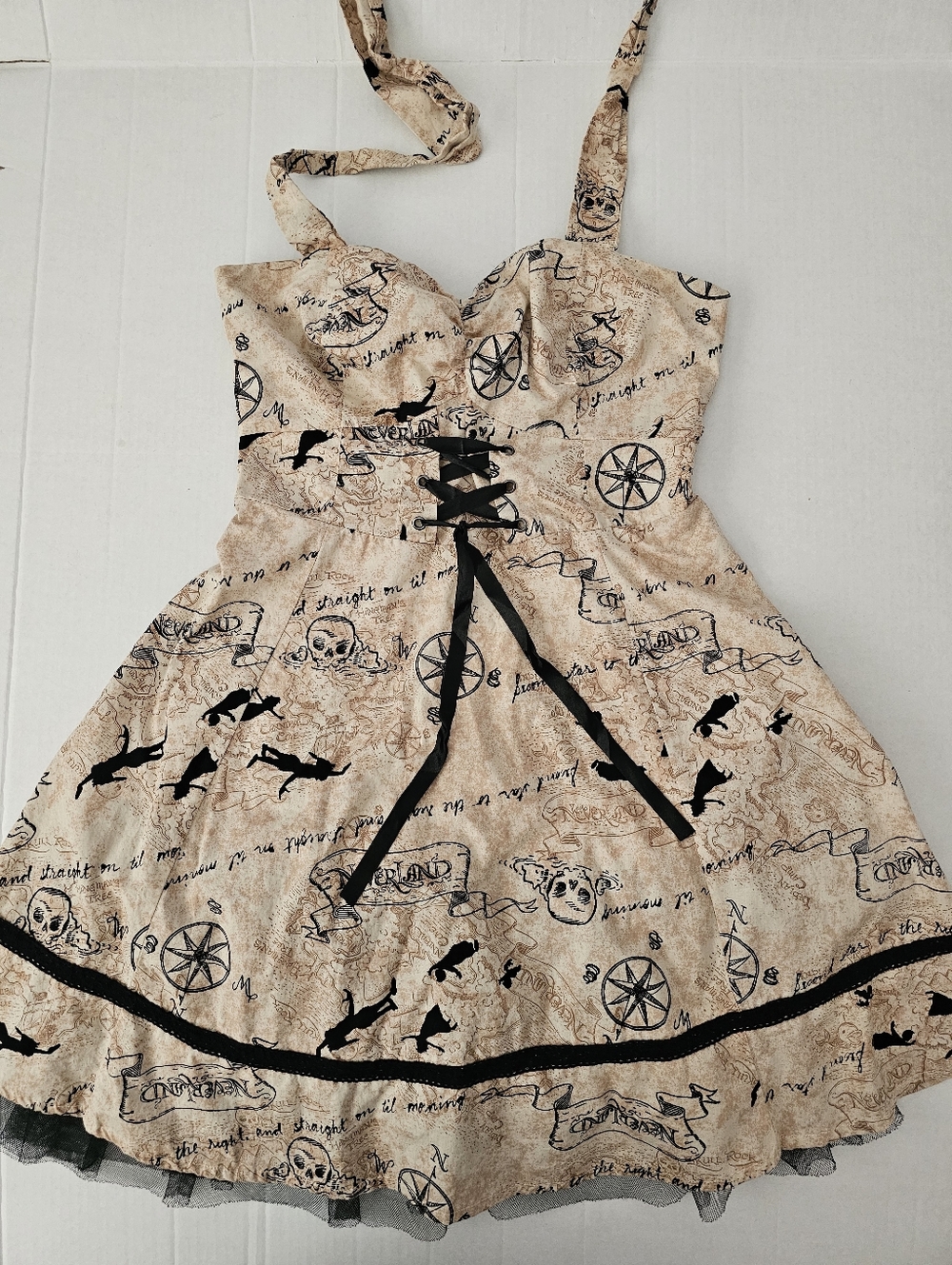 Beige Pirate Map Print Corset Dress with Black Lace-Up